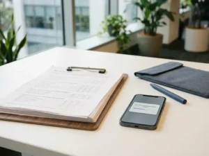 Klemmbrett mit mehrseitigem Umfrageformular neben Smartphone mit kompakter Puls-Check-Karte auf modernem weißen Schreibtisch.