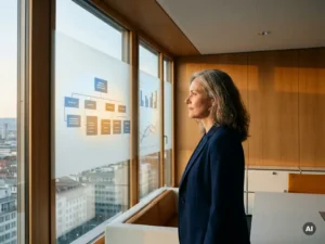 CHRO analysiert ein transluzentes Daten-Dashboard mit Organigrammen und Engagement-Trendlinien in einem modernen Zürcher Executive Office.