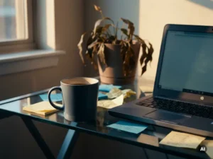 Erkaltete Kaffeetasse auf modernem Glasschreibtisch mit Haftnotizen, offenem Laptop und welkender Pflanze im spätnachmittäglichen Licht.