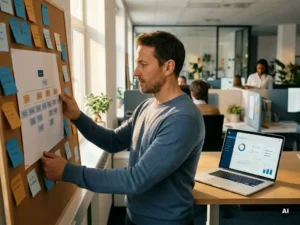 HR-Managerin analysiert Organigramm an Pinnwand mit farbigen Haftnotizen und Laptop mit Datengrafiken im modernen Büro.