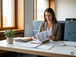 HR-Fachkraft analysiert ausgedrucktes Analytics-Dashboard mit Mitarbeiterdaten an modernem Schreibtisch mit Topfpflanze.