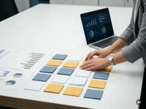 HR-Fachkraft ordnet farbkodierte Haftnotizen und Umfrageauswertungen in strukturiertem Raster auf weißem Konferenztisch, Laptop mit Datenvisualisierungen daneben.