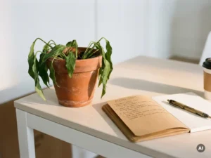 Welkende Grünpflanze in Terrakottatopf auf modernem Schreibtisch neben aufgeschlagenem Notizbuch mit handgeschriebenen Notizen.