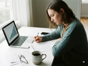 HR-Fachkraft analysiert Wachstumsgrafik auf Laptop, umgeben von Mitarbeiterbefragungen und Kaffeetasse auf weißem Schreibtisch.