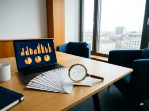 Datenanalyst-Schreibtisch in Zürich mit gefächerten Mitarbeiterbefragungskarten, Lupe und Laptop mit bunten Diagrammen im Hintergrund.